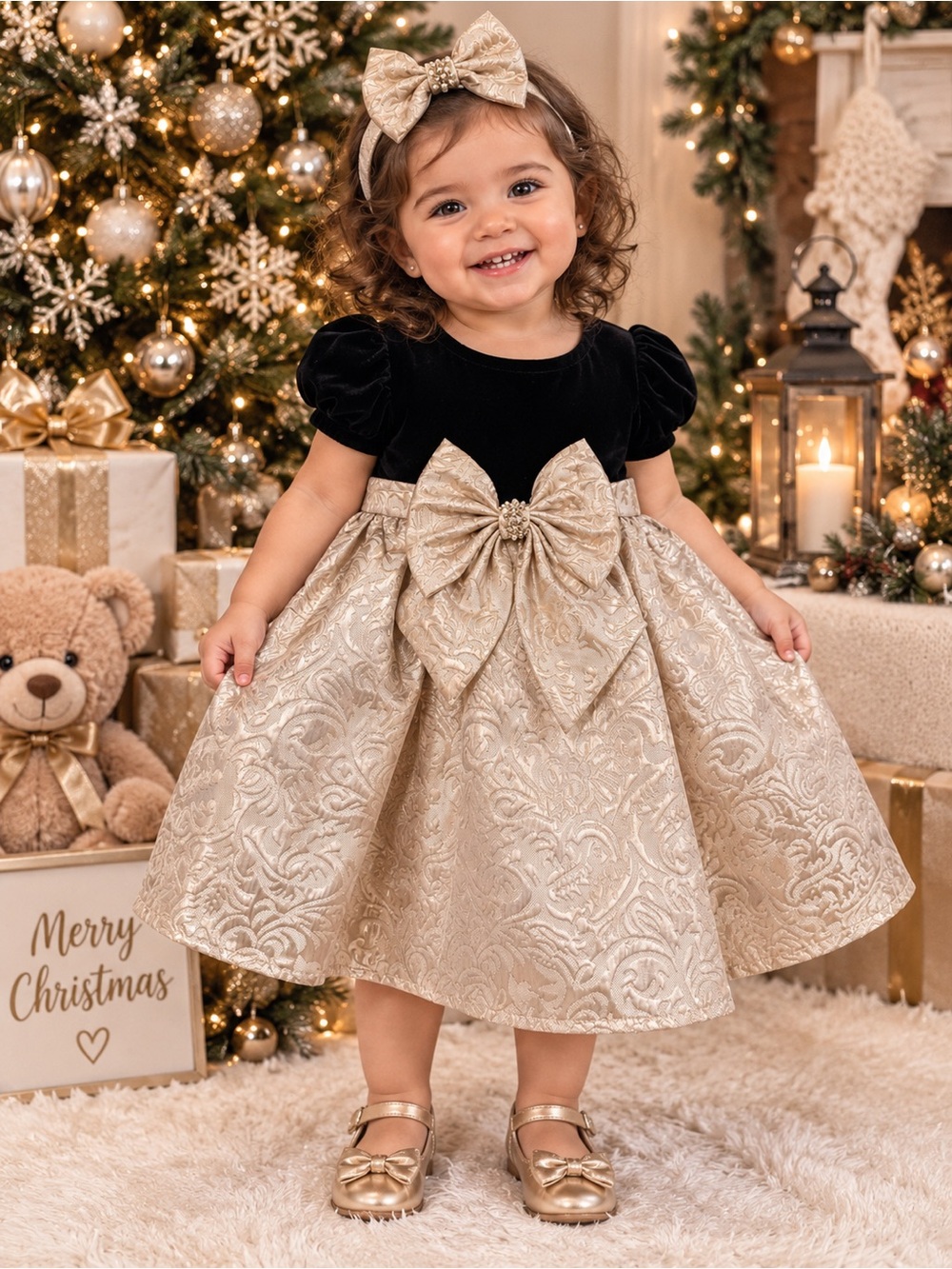 New w tags! Gold Brocade Party Dress with Black Velvet Bodice for Kids